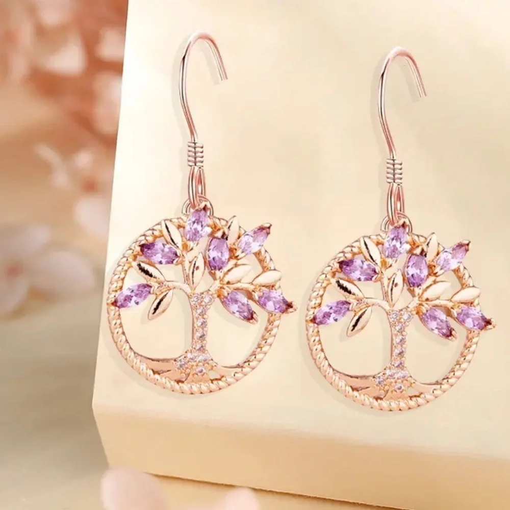 NEW! Rose Gold Tree of Life Dangle Earrings  Rhinestone Lucky Charm 🌳 A8-256